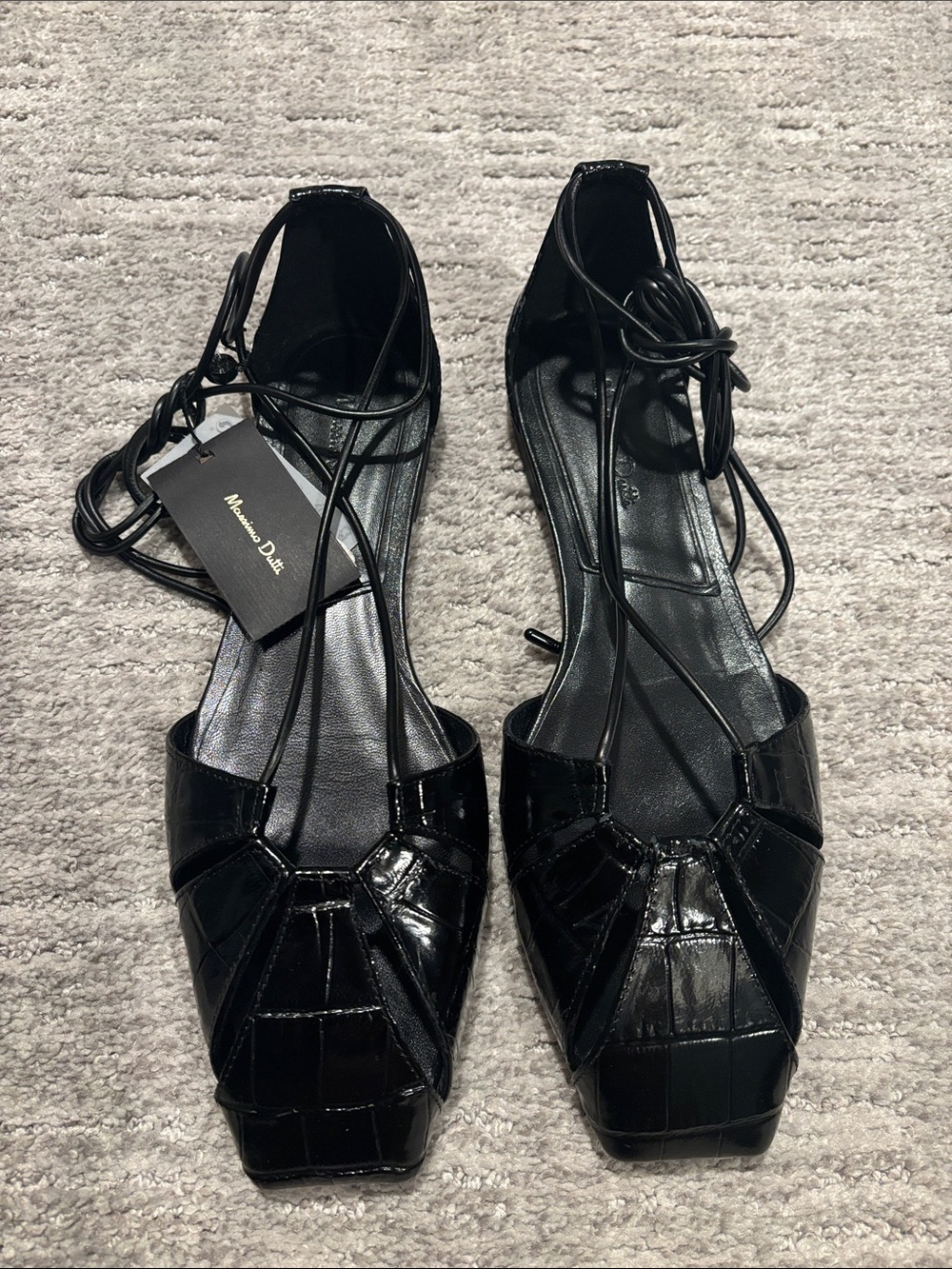 Massimo Dutti Black Croc-Embossed Square-Toe Lace-Up Flats size 8